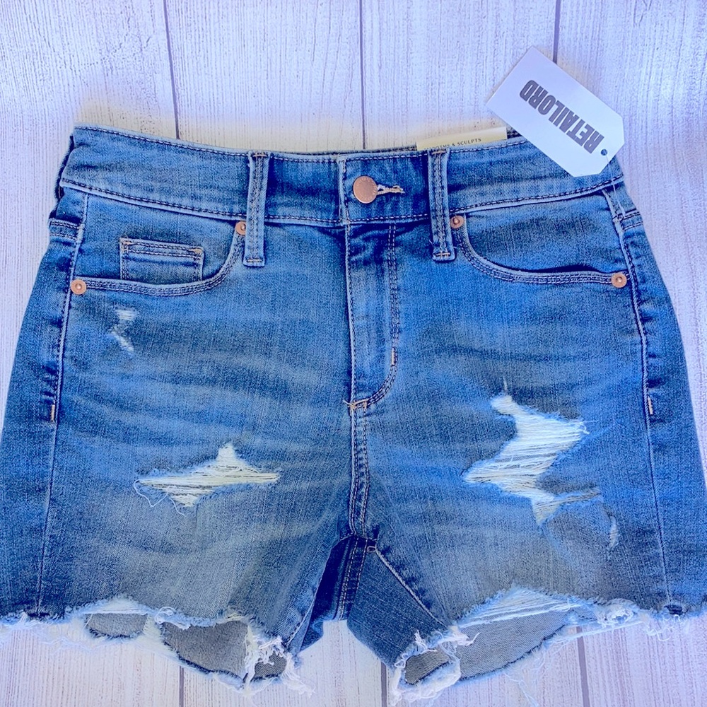 High-rise midi shorts distressed denim